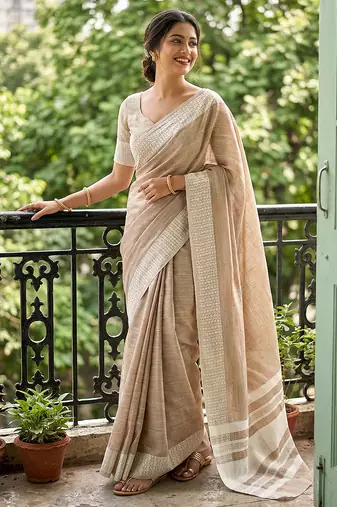 L brown linen zari work saree with blouse