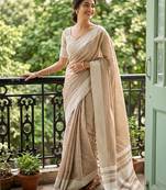 L brown linen zari work saree with blouse