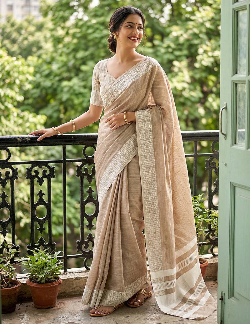 L brown linen zari work saree with blouse