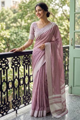 Purple linen zari work saree with blouse