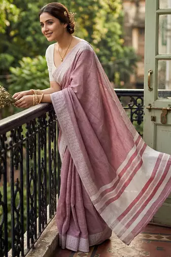 Purple linen zari work saree with blouse
