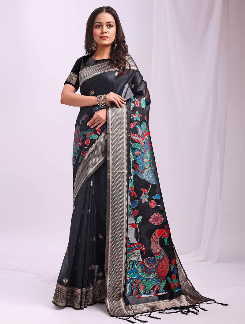 Black linen cotton woven saree with blouse