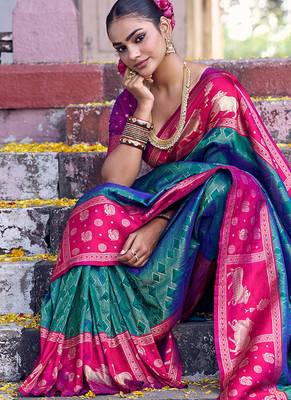 Rama soft silk woven saree with blouse 3