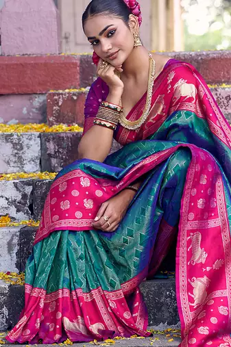 Rama soft silk woven saree with blouse