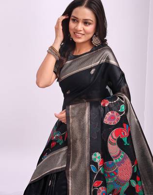 Black linen cotton woven saree with blouse 2