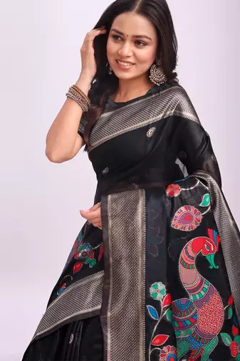 Black linen cotton woven saree with blouse