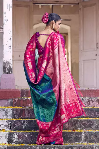 Rama soft silk woven saree with blouse