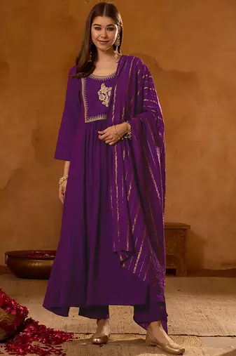 Women's Beautiful Embroidery Work Viscose Silk Fabric Straight Kurta Pant and Dupatta Set