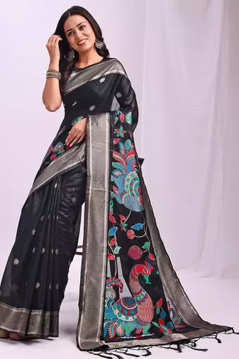 Black linen cotton woven saree with blouse