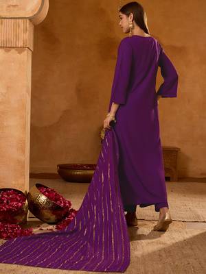 Women's Beautiful Embroidery Work Viscose Silk Fabric Straight Kurta Pant and Dupatta Set 4