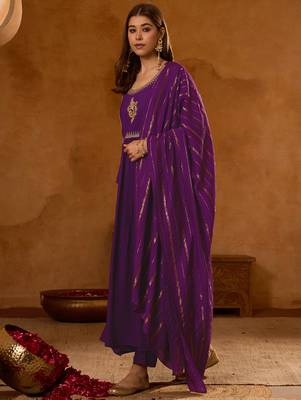 Women's Beautiful Embroidery Work Viscose Silk Fabric Straight Kurta Pant and Dupatta Set 5