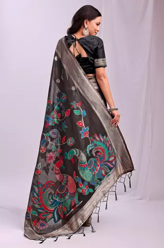 Black linen cotton woven saree with blouse