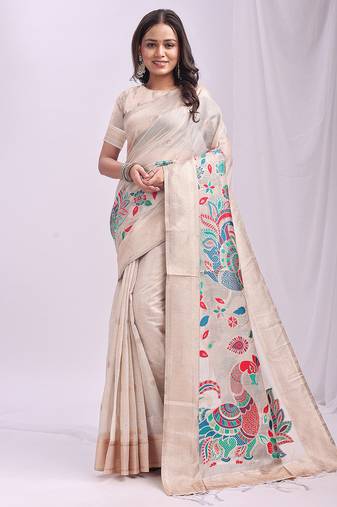 Cream linen cotton woven saree with blouse
