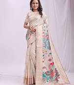Cream linen cotton woven saree with blouse