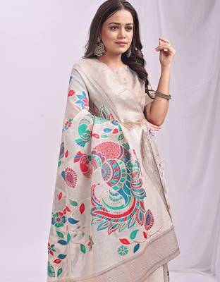 Cream linen cotton woven saree with blouse 2