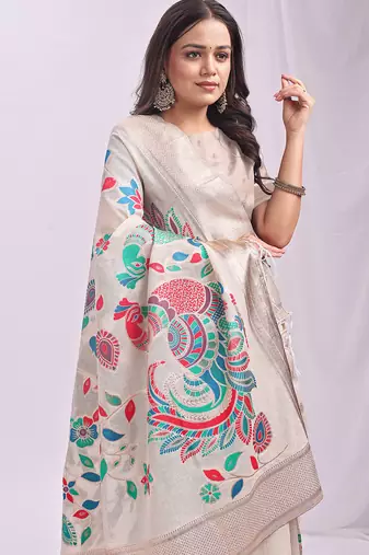 Cream linen cotton woven saree with blouse