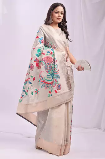 Cream linen cotton woven saree with blouse