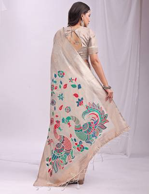 Cream linen cotton woven saree with blouse 4