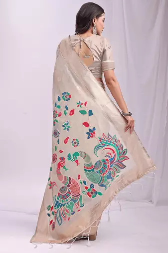 Cream linen cotton woven saree with blouse