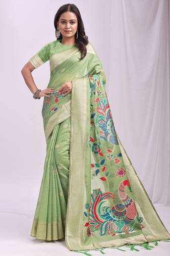 Green linen cotton woven saree with blouse