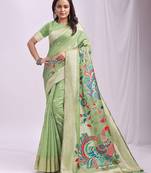 Green linen cotton woven saree with blouse