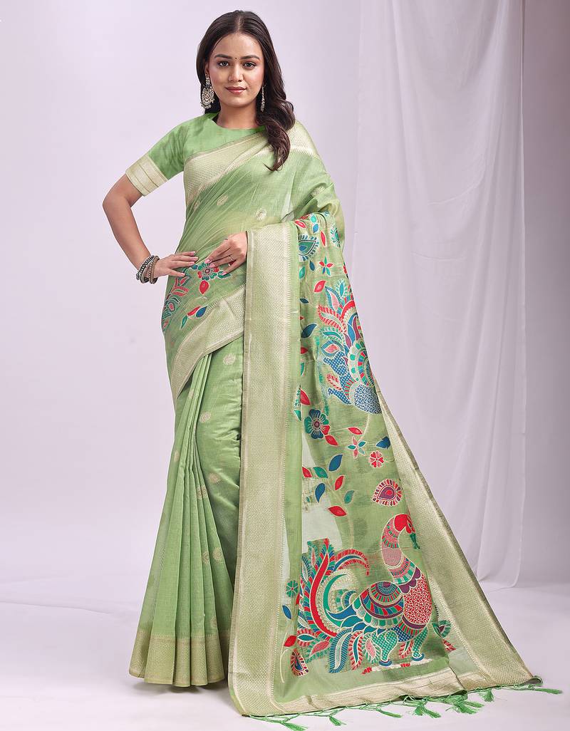 Green linen cotton woven saree with blouse