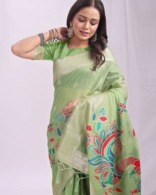 Green linen cotton woven saree with blouse 2