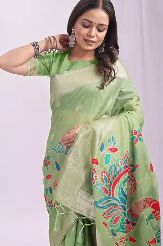 Green linen cotton woven saree with blouse