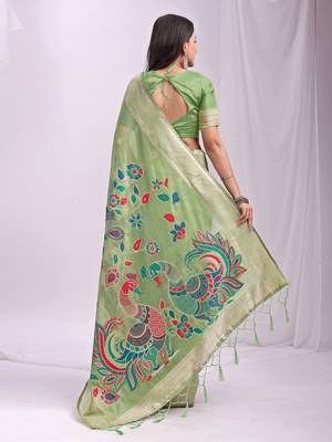 Green linen cotton woven saree with blouse 4