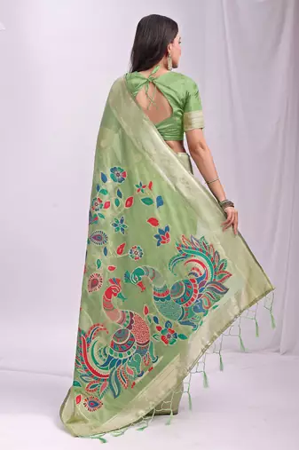 Green linen cotton woven saree with blouse