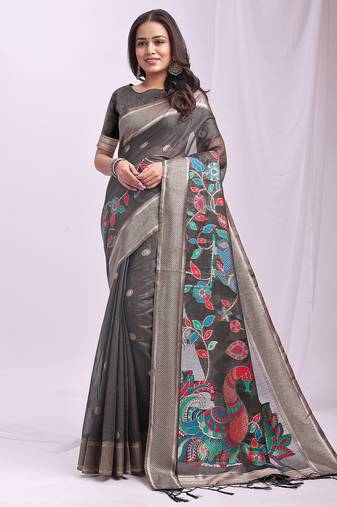 Grey linen cotton woven saree with blouse