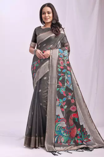 Grey linen cotton woven saree with blouse