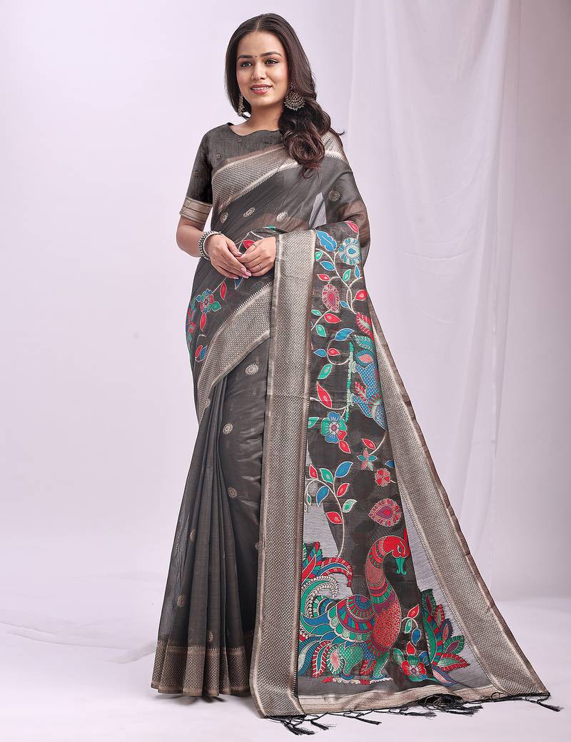 Grey linen cotton woven saree with blouse