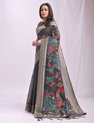 Grey linen cotton woven saree with blouse 3