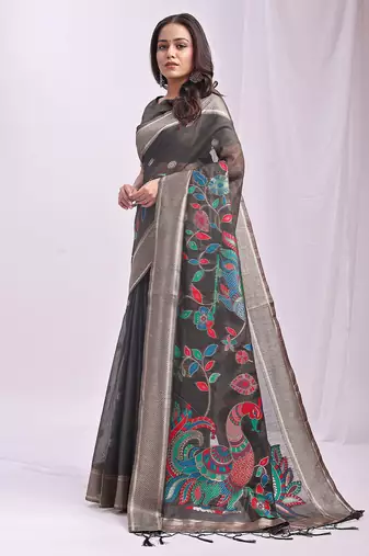 Grey linen cotton woven saree with blouse