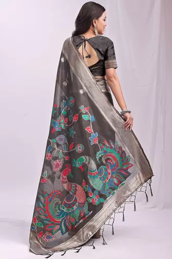Grey linen cotton woven saree with blouse