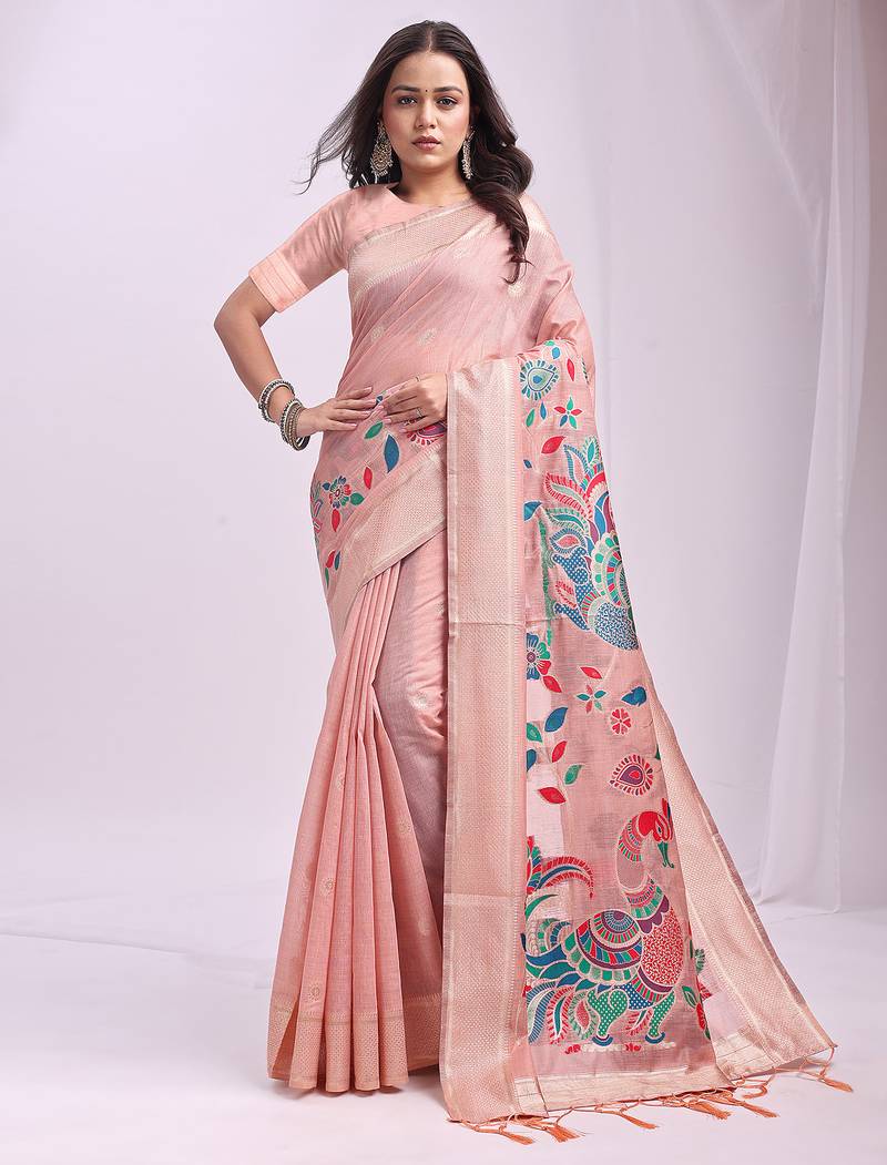 Pink linen cotton woven saree with blouse