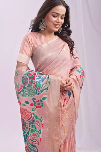 Pink linen cotton woven saree with blouse