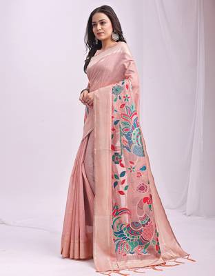 Pink linen cotton woven saree with blouse 3
