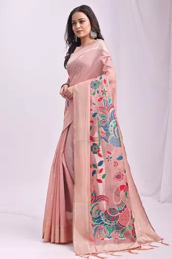 Pink linen cotton woven saree with blouse
