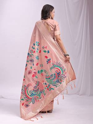 Pink linen cotton woven saree with blouse 4
