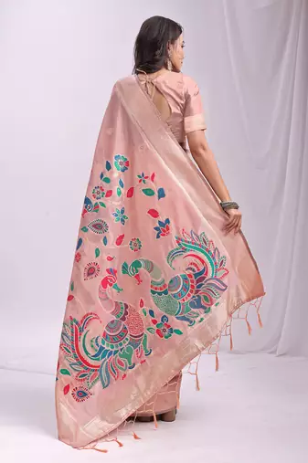Pink linen cotton woven saree with blouse