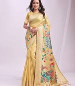 Yellow linen cotton woven saree with blouse