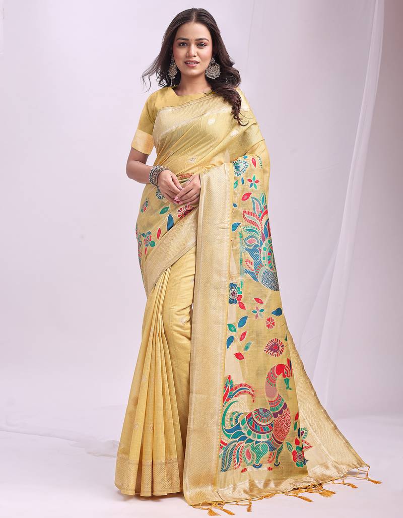Yellow linen cotton woven saree with blouse