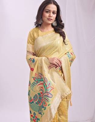 Yellow linen cotton woven saree with blouse 2