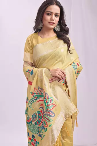 Yellow linen cotton woven saree with blouse