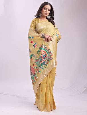 Yellow linen cotton woven saree with blouse 3