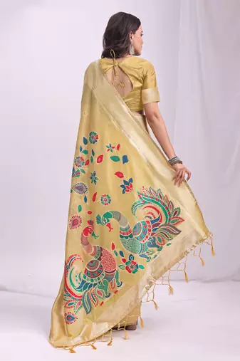 Yellow linen cotton woven saree with blouse