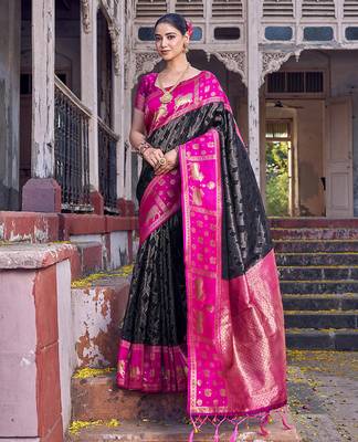 Black soft silk woven saree with blouse 1