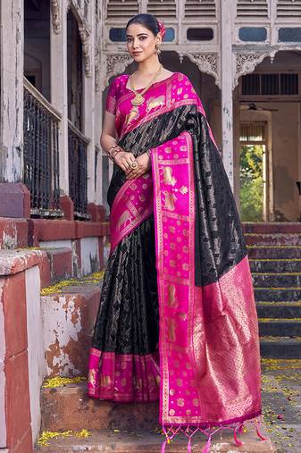 Black soft silk woven saree with blouse